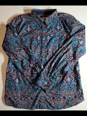 Talbots L Boho Paisley Print Top Navy Teal Red Roll Tab Sleeves